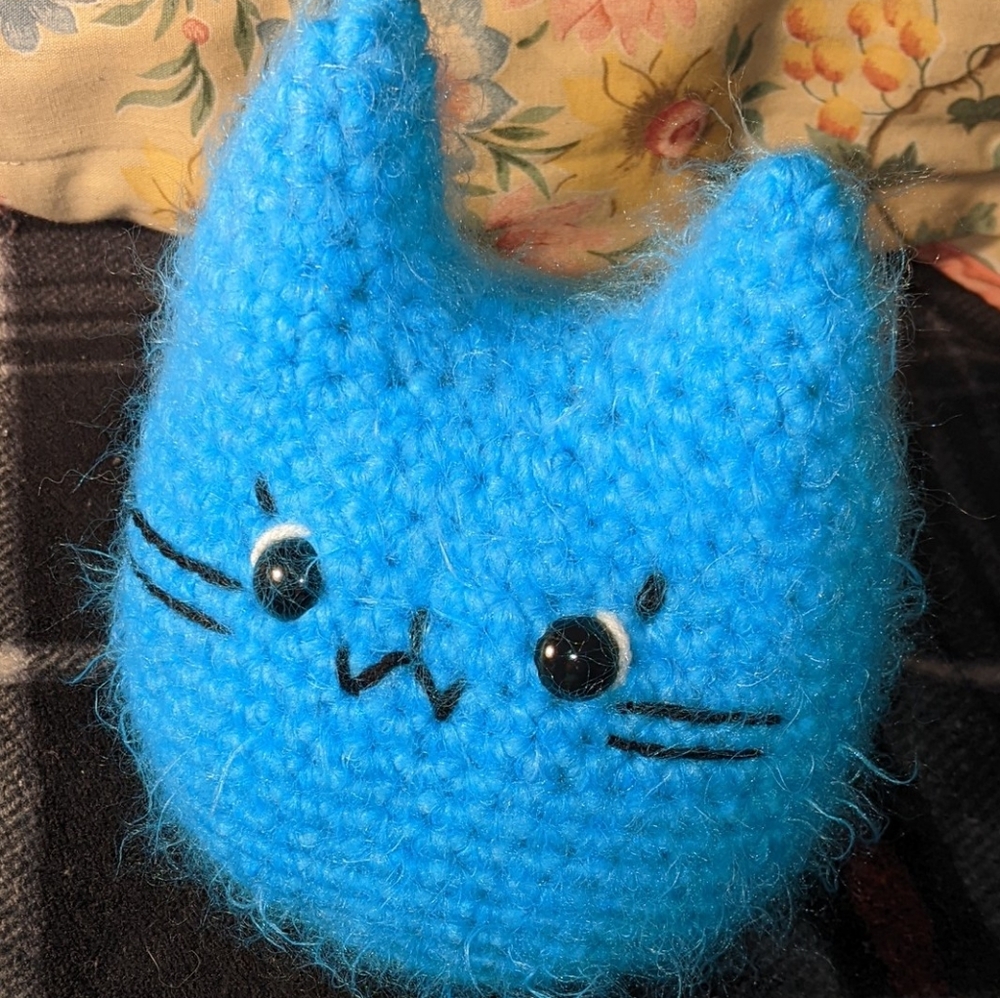 Blue Fuzzy Stuffed Kitty Crochet Handmade.